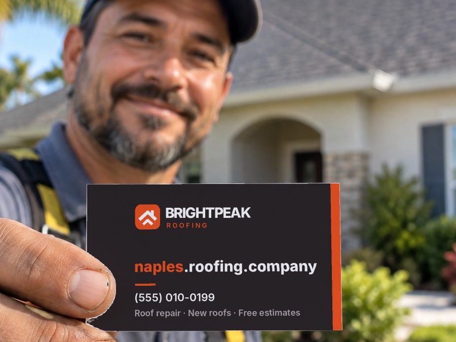 naples.roofing.company on a roofer's business card