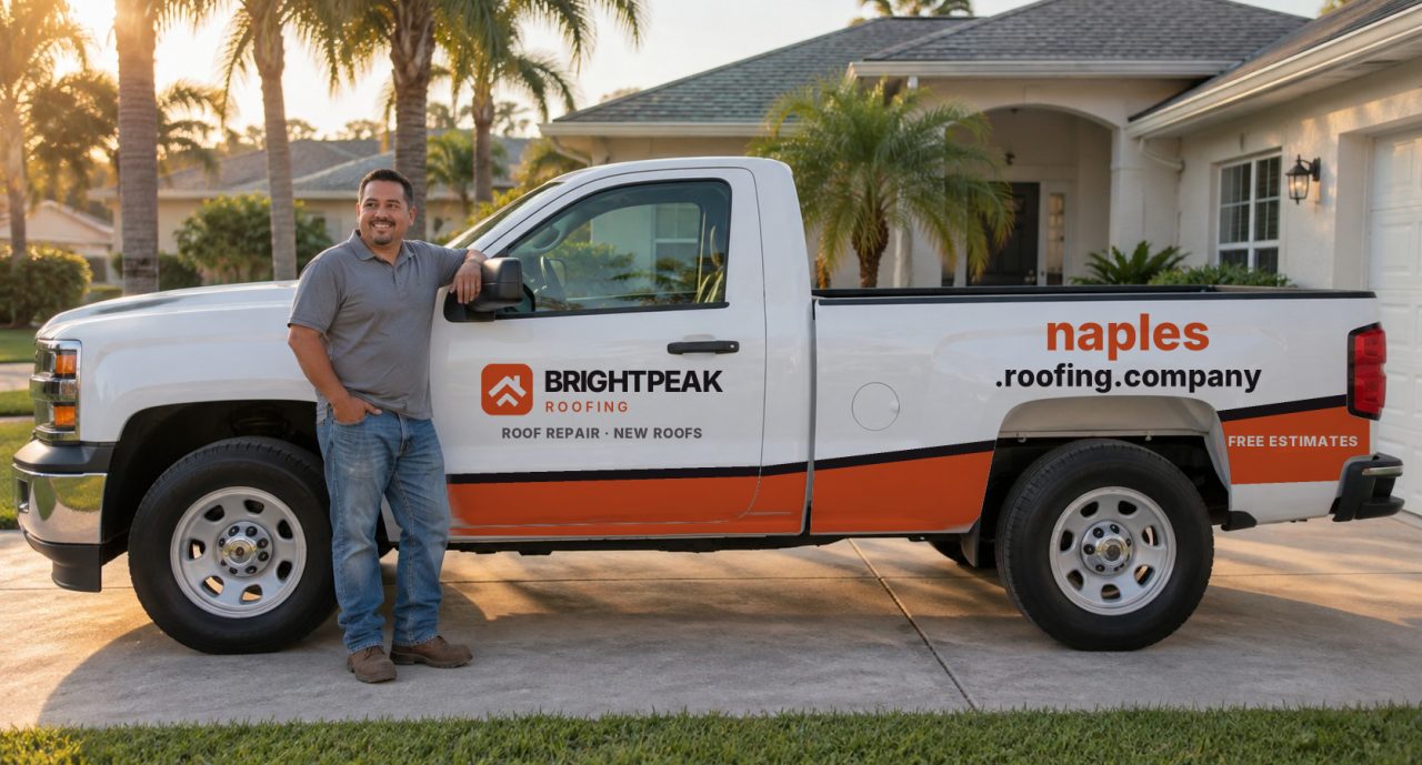 naples.roofing.company painted on the side of a white work truck