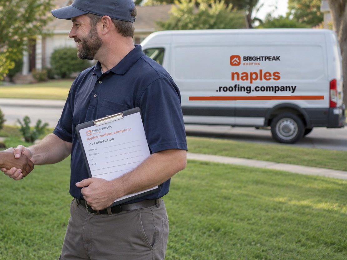 naples.roofing.company on a roofing van and an inspection form
